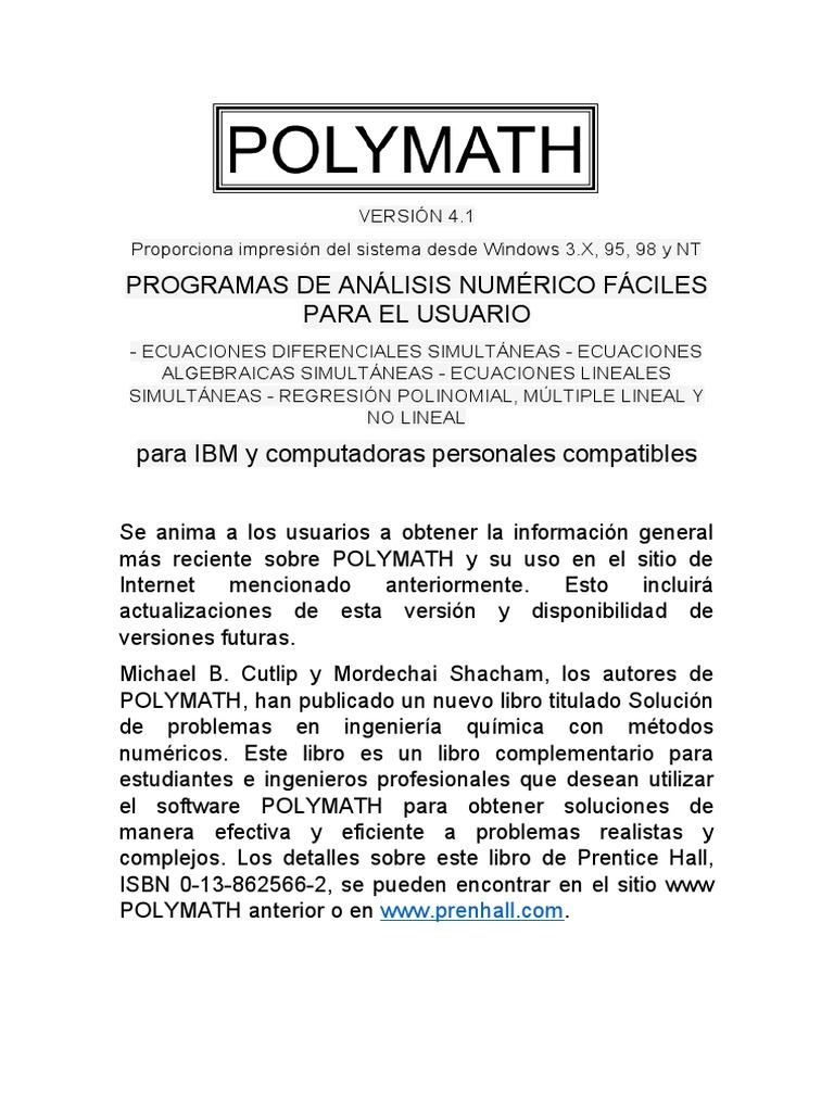 VERSIÓN 4.1. Manual - Polymath - Españoldocx | PDF | Ecuaciones ...