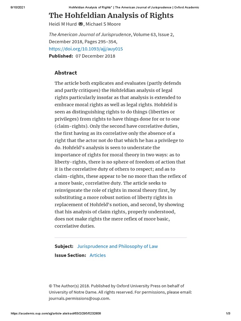 Hohfeldian Analysis of Rights - The American Journal of Jurisprudence ...