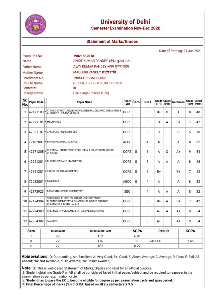 Sem 3 Result | PDF | Chemistry | Physical Sciences