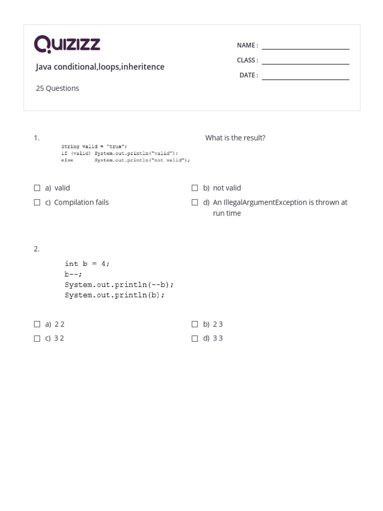 Java Conditional, Loops, Inheritence Quiz Questions | PDF | Inheritance ...