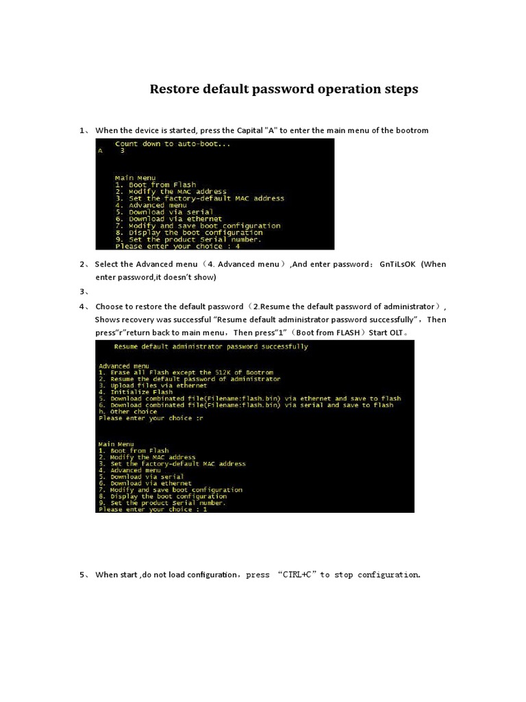 OLT Default Password Restoration Steps | PDF