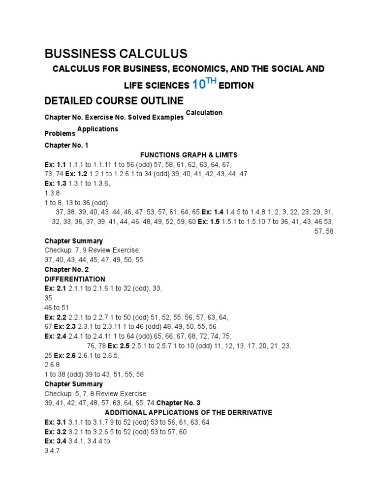 Business Calculus Course Outline | PDF | Calculus | Derivative