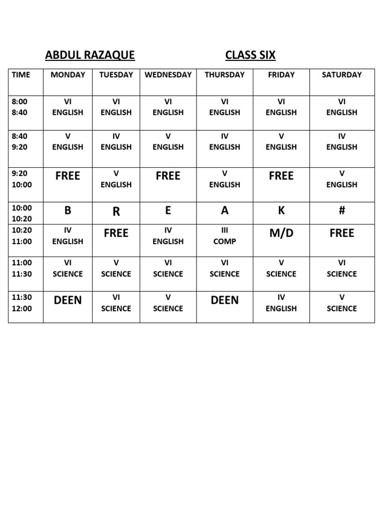 Classes Time Table PDF