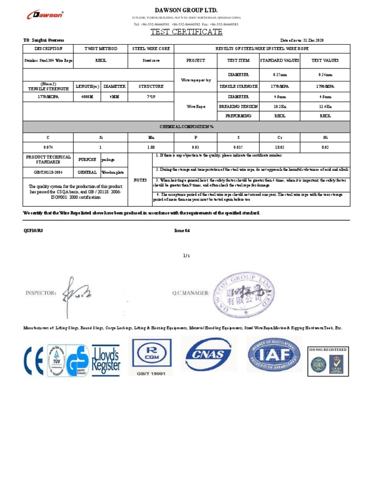Wire Rope Test Certificate Summary | PDF | Rope | Wire