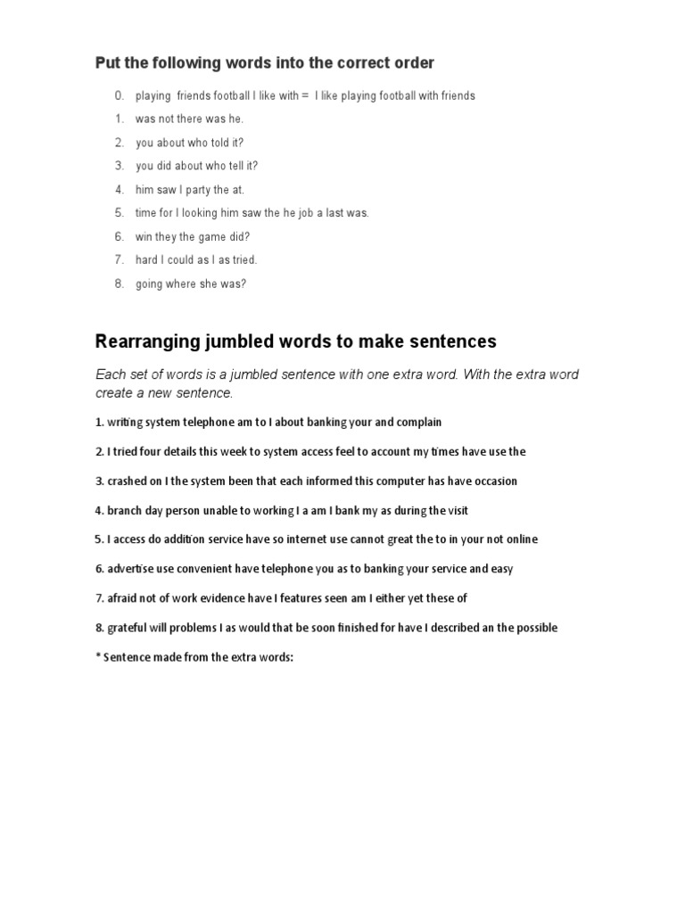 Put The Following Words Into The Correct Order PDF