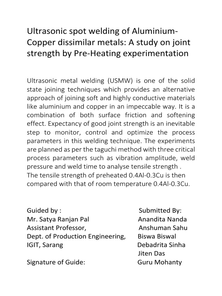 Ultrasonic Spot Welding of Aluminium | PDF | Technology & Engineering