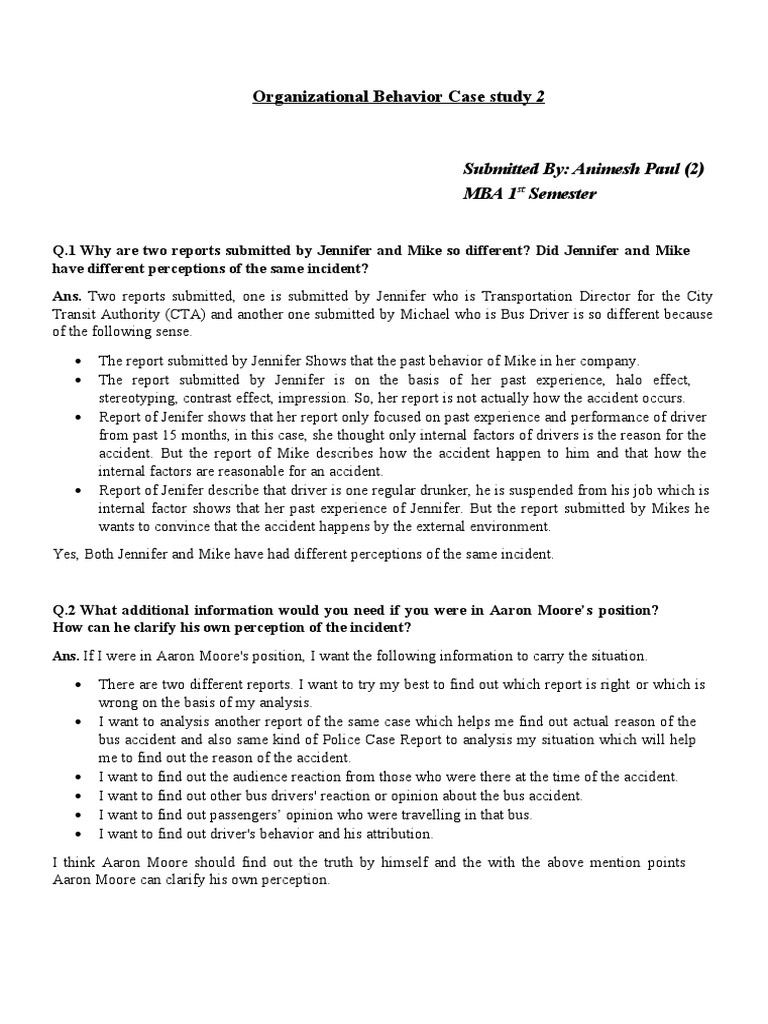 Organizational Behavior Case Study 2 Submitted By Animesh Paul (2