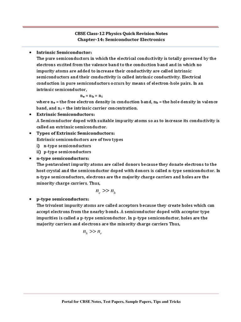 12 Physics Notes Ch14 Semiconductor Electronics | PDF | Bipolar ...