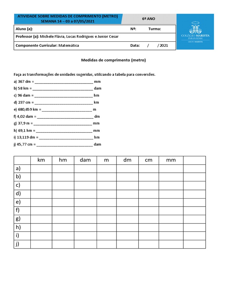 Atividade Medidas De Comprimento Metro 21 Pdf