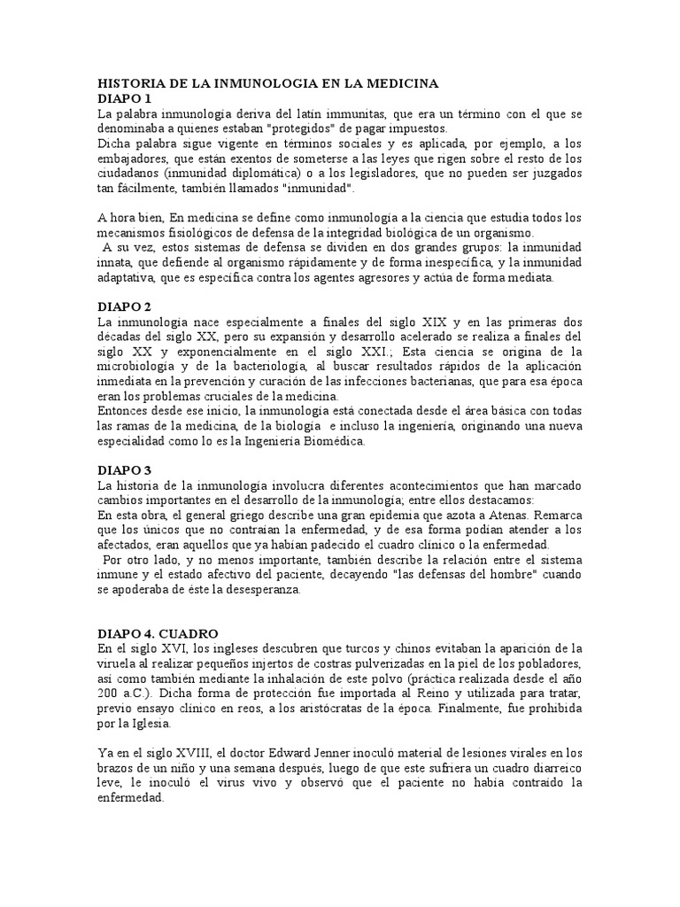 Historia de La Inmunologia Apoyo PDF Inmunología Sistema inmune