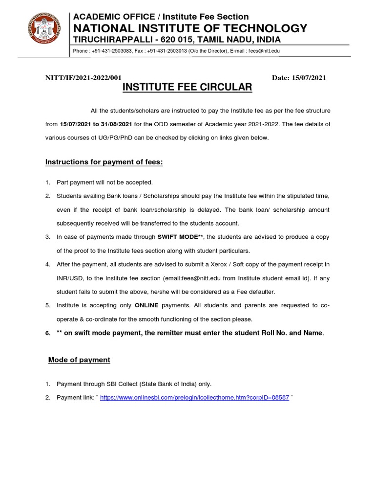 Fees Circular Odd Semester 202122 PDF Fee Payments