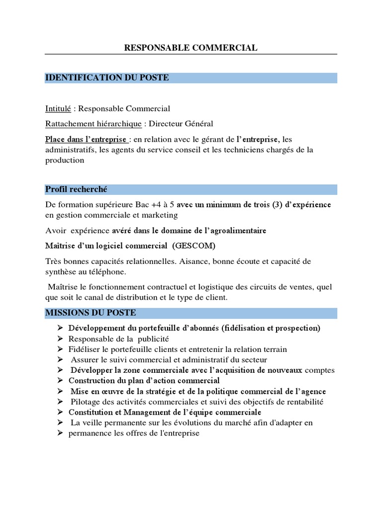 Fiche de Poste : Responsable Commercial | PDF