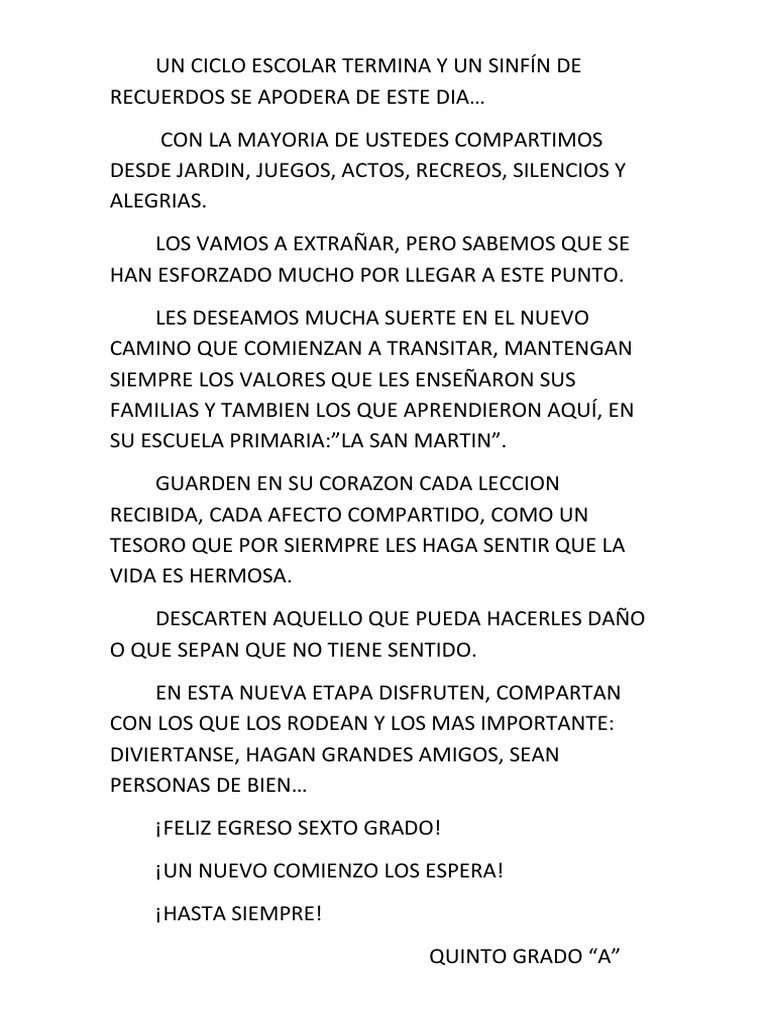Palabras Despedida A Sexto de Quinto | PDF | Cocina, comidas y vino, image size:768x1024