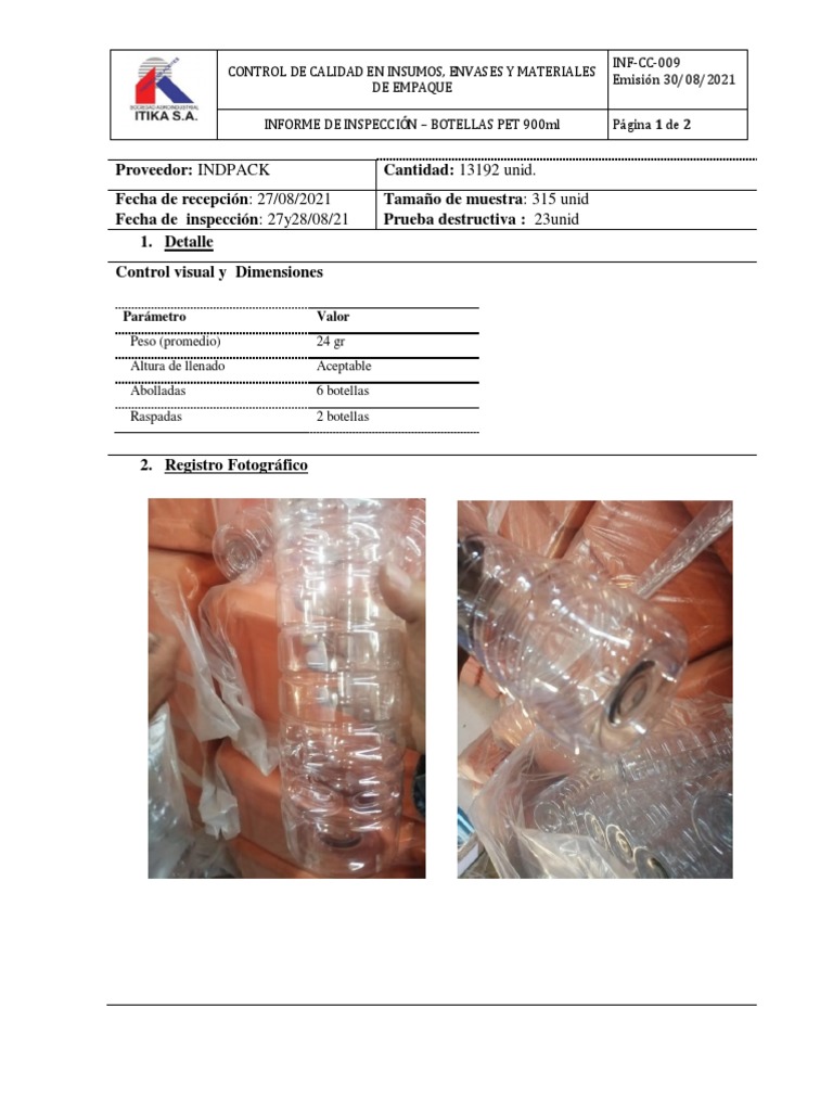 INFORME 009 Botellas 900 ML | PDF