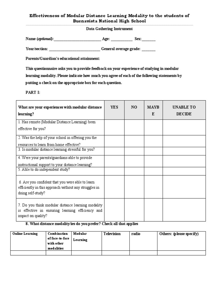 Survey Questionnaire PDF Learning Distance Education