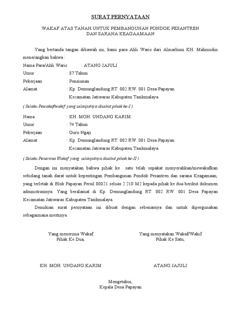 Surat Pernyataan Wakaf Pdf