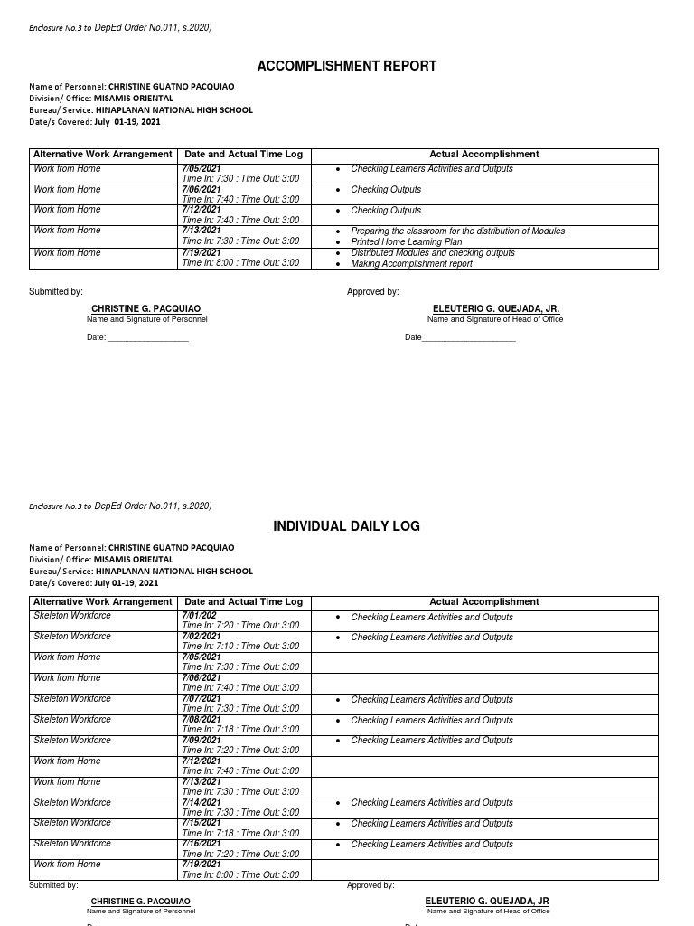 Accomplishement Report and Individual Daily Log | PDF | Career & Growth ...