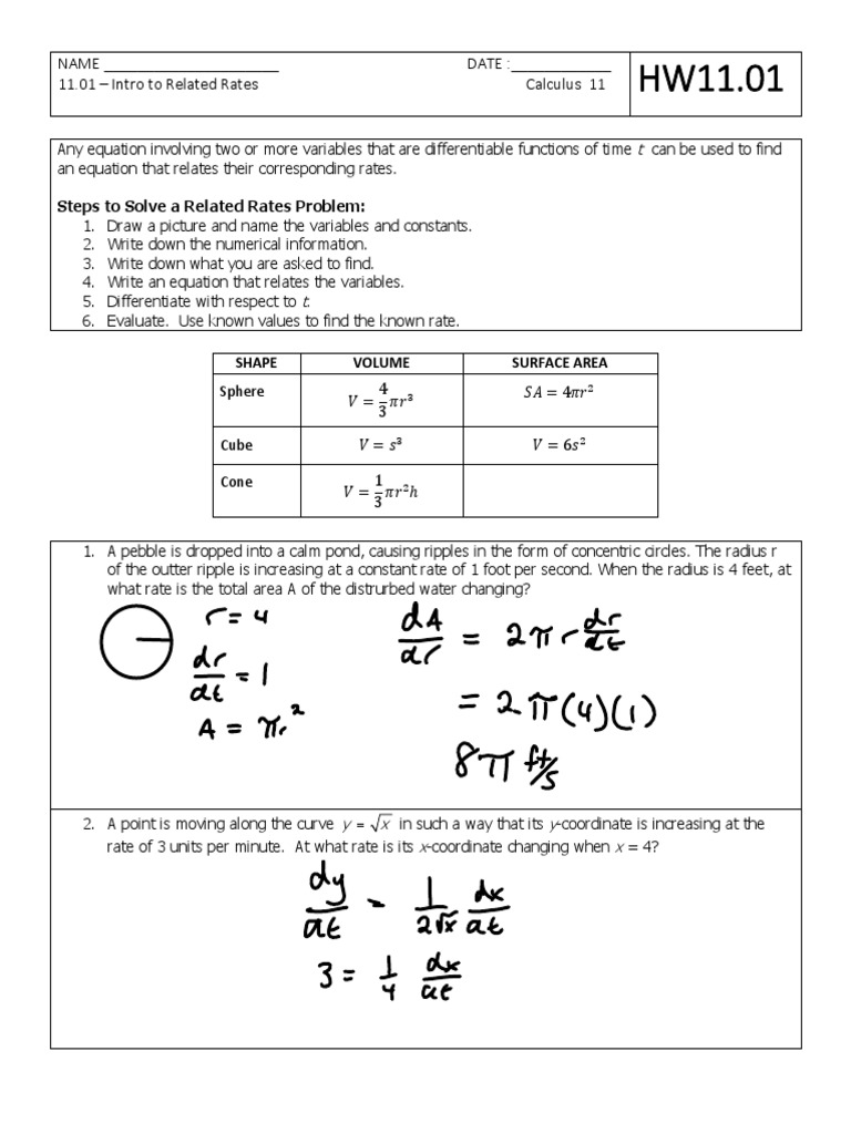 11.01 - Introduction To Related Rates - HW | PDF | Volume | Equations
