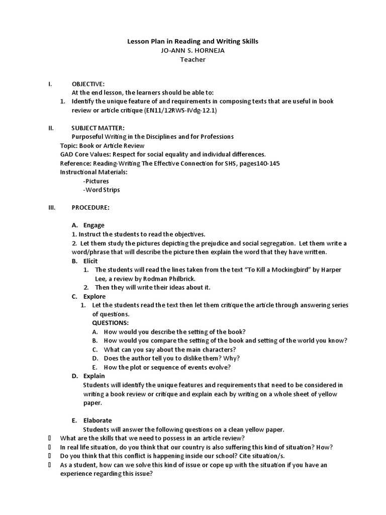 Lesson Plan in Reading and Writing Skills PDF Books Lesson Plan