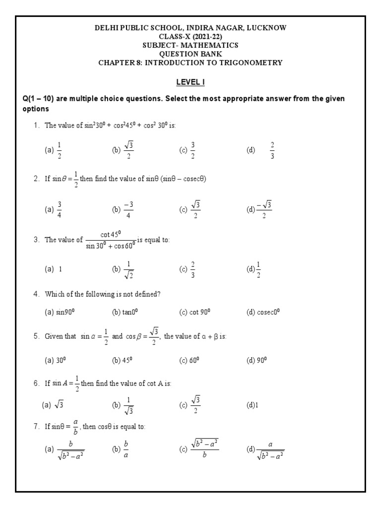 Class 10 Trigonometry Question Bank | PDF | Trigonometric Functions ...