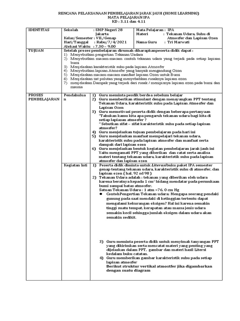 (Tri M) RPP Adiwiyata Dan PJJ Ipa Kls 7 Bab 5 Struktur Bumi Dan