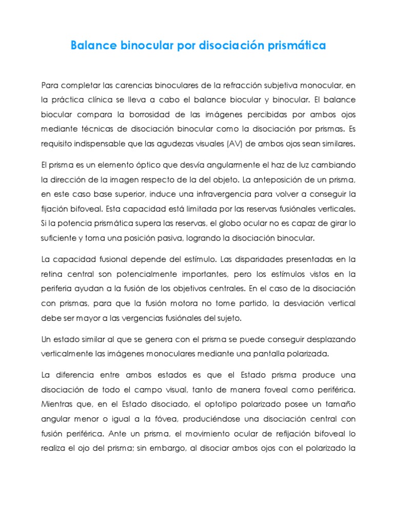 Balance Binocular Por Disociación Prismática PDF Ojo Visión