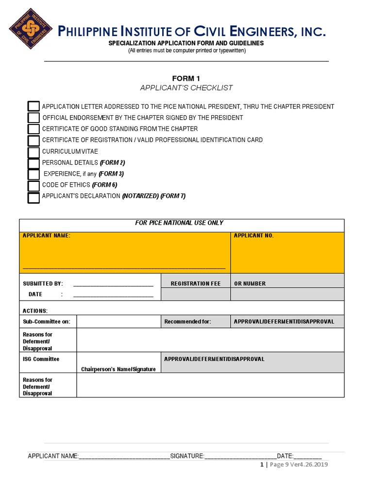 PICE Specialization Application Form Guide PDF Engineer Civil Engineering