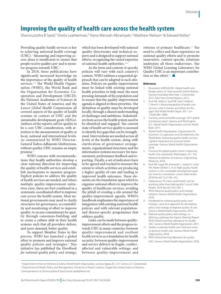 Improving The Quality of Health Care Across The Health System | PDF ...