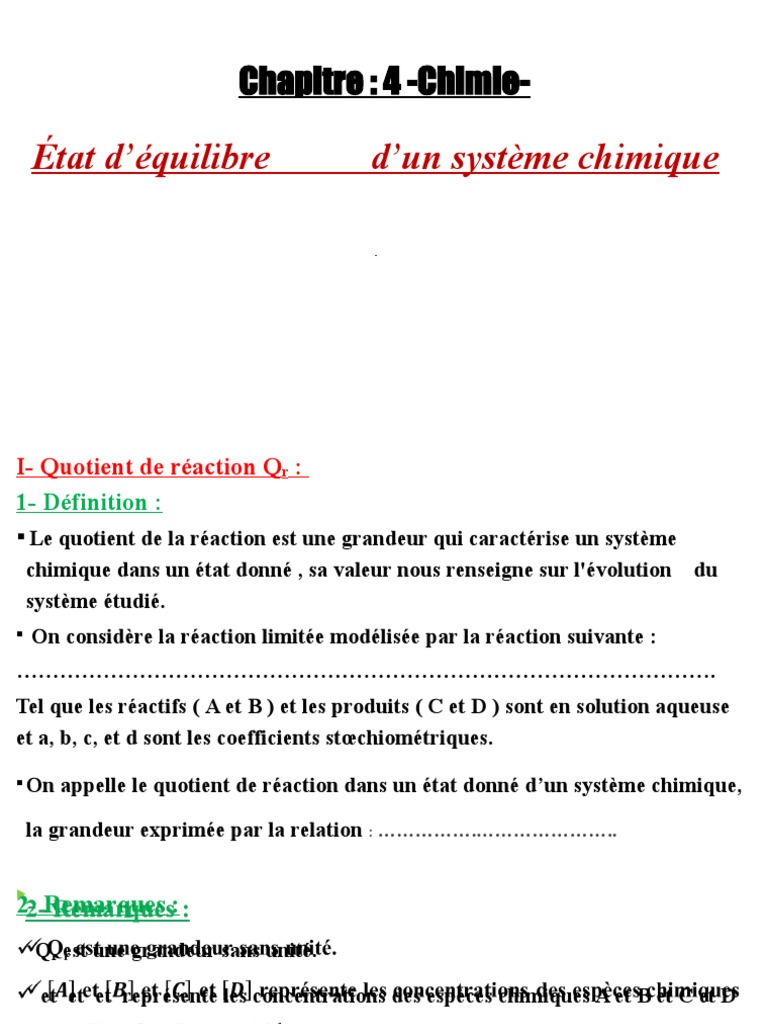 Quotient de réaction en chimie | PDF | Équilibre chimique | Réactions ...