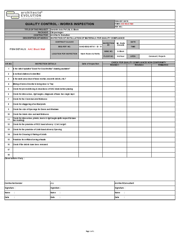 Quality Control - Works Inspection: AAC Block Wall | Download Free PDF ...