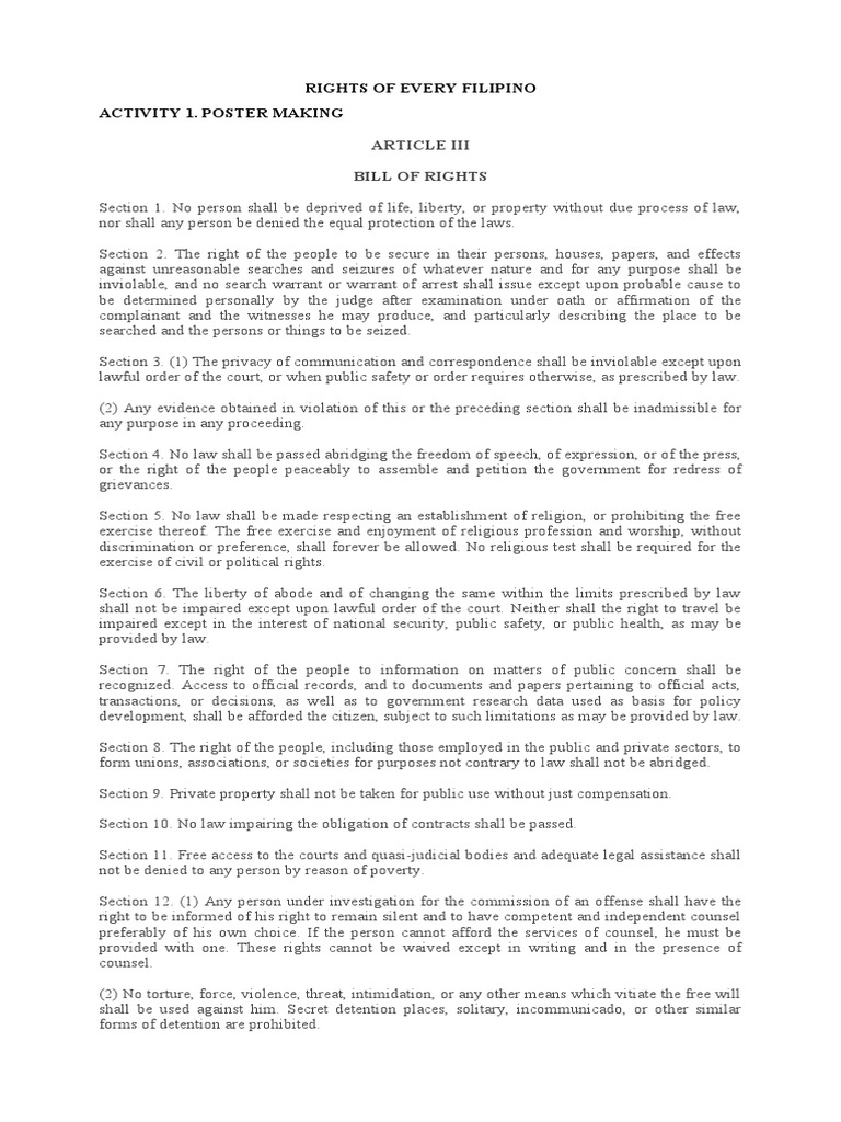 Poster Making: Philippine Bill of Rights | PDF | Search And Seizure | Bail