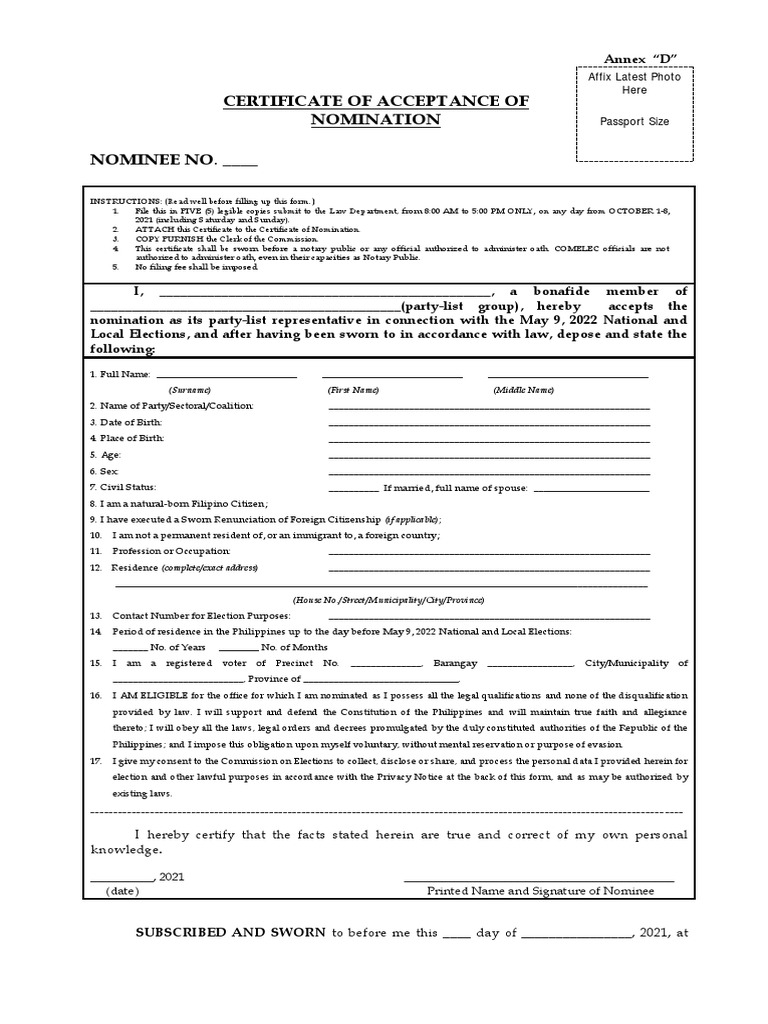 Certificate of Acceptance of Nomination PDF Commission On Elections
