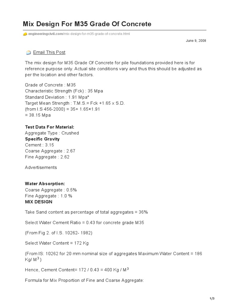 Mix Design For M35 Grade of Concrete PDF Concrete Construction