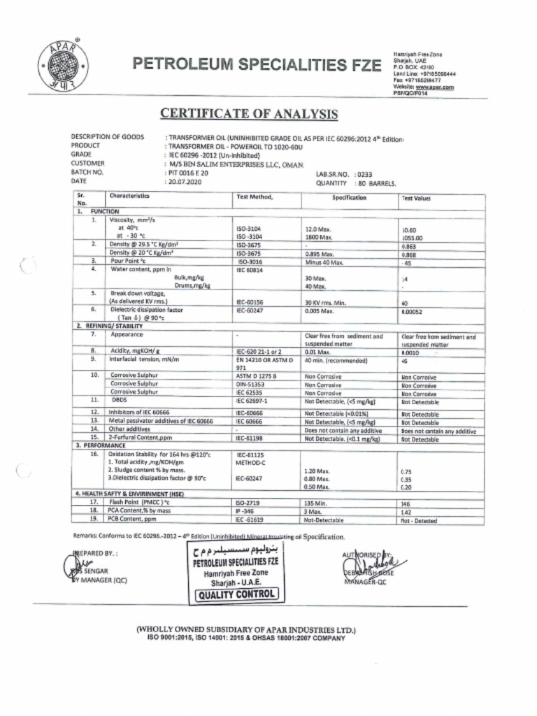Apar Oil Test Report PDF