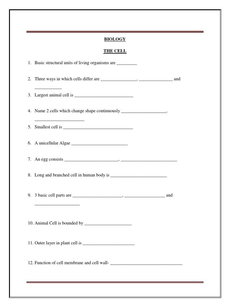 Class 8 Science Worksheet - The Cell | PDF