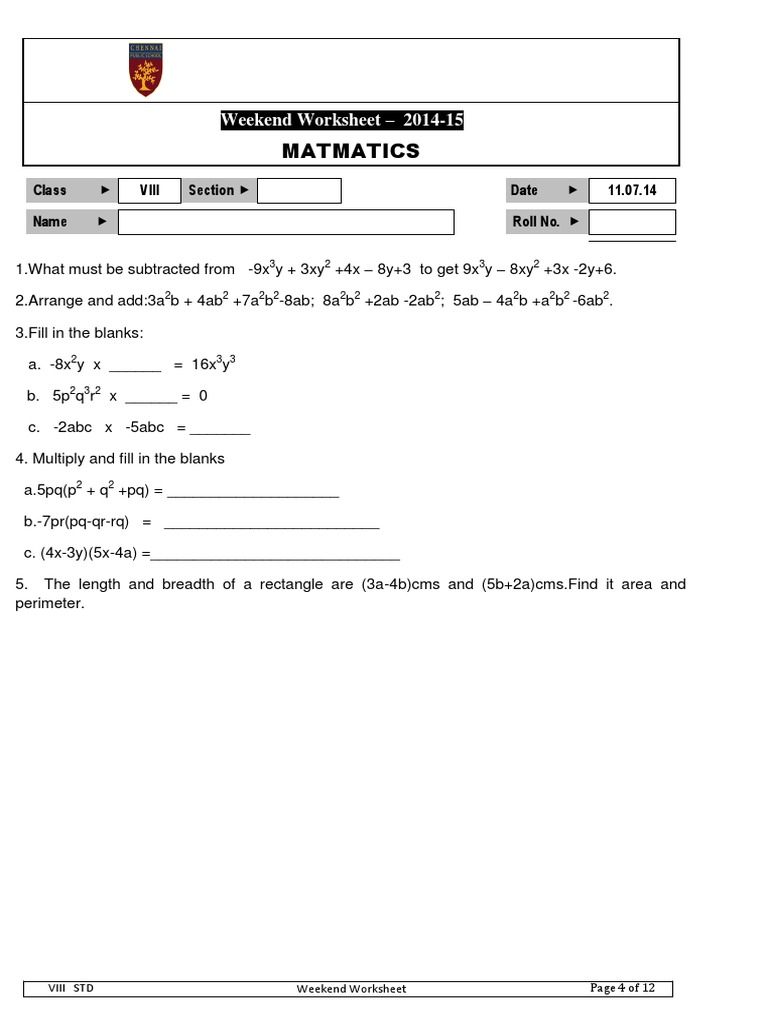 Class 8 Algebraic Expressions Worksheet | PDF