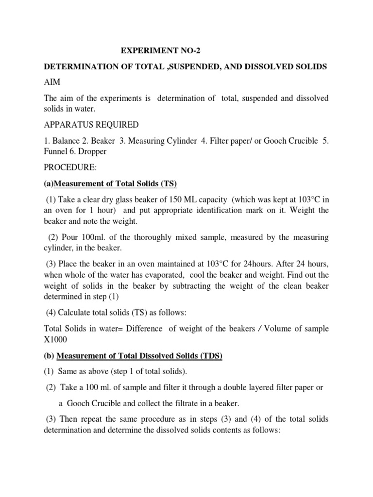 Experiment No-2 Determination of Total, Suspended, and Dissolved Solids ...