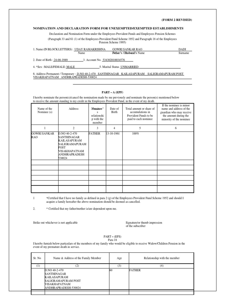 Nomination and Family Details Form for Employees' Provident Fund and