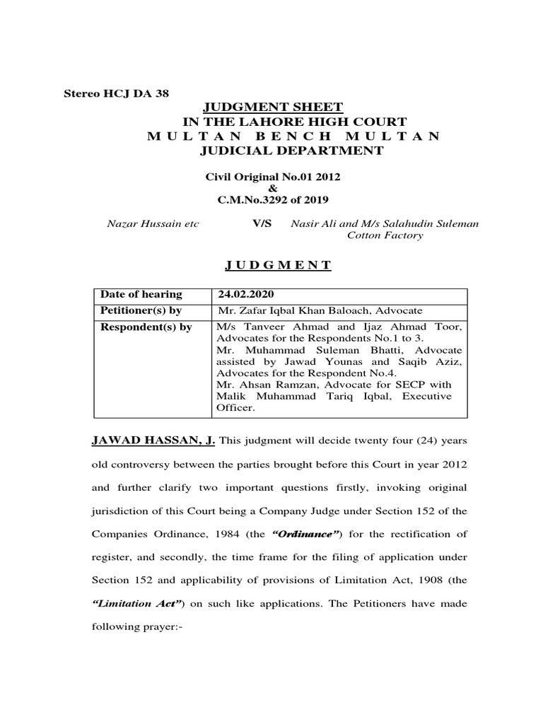 Judgment Sheet in The Lahore High Court Multan Bench Multan Judicial