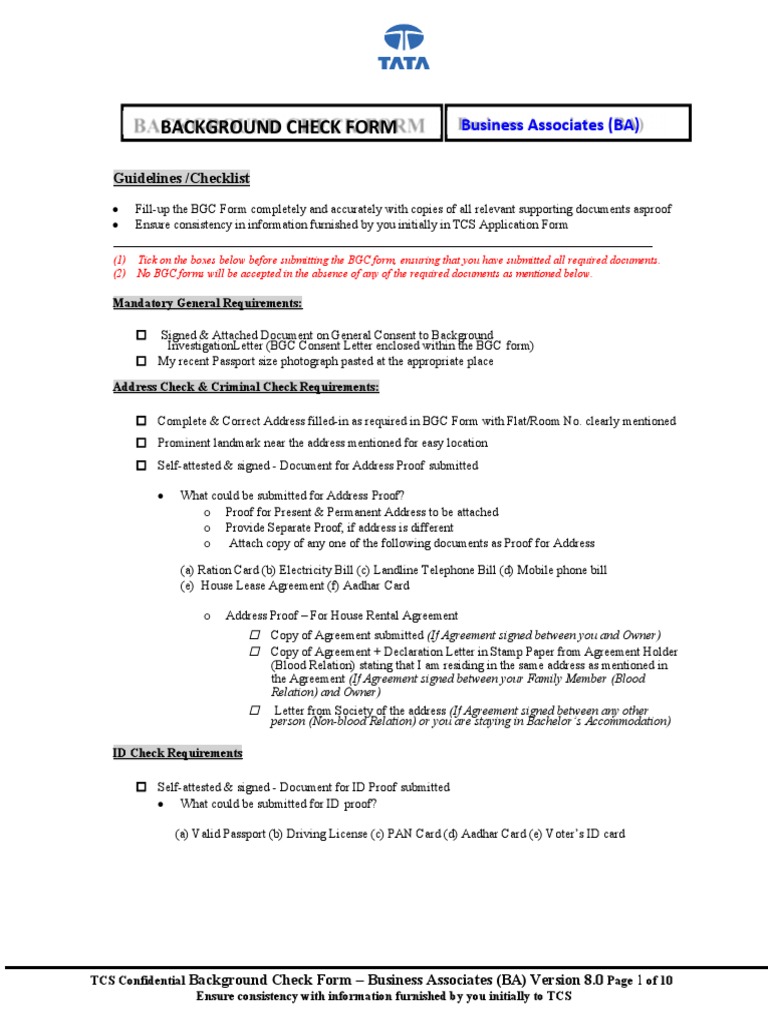 TCS BGC Form for Business Associates | PDF | Background Check | Common Law