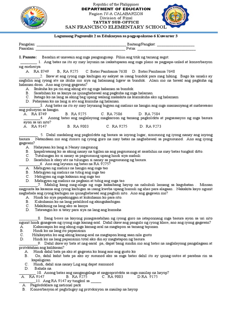 ESP Summative Test No. 2 Q3 2020 2021 | PDF