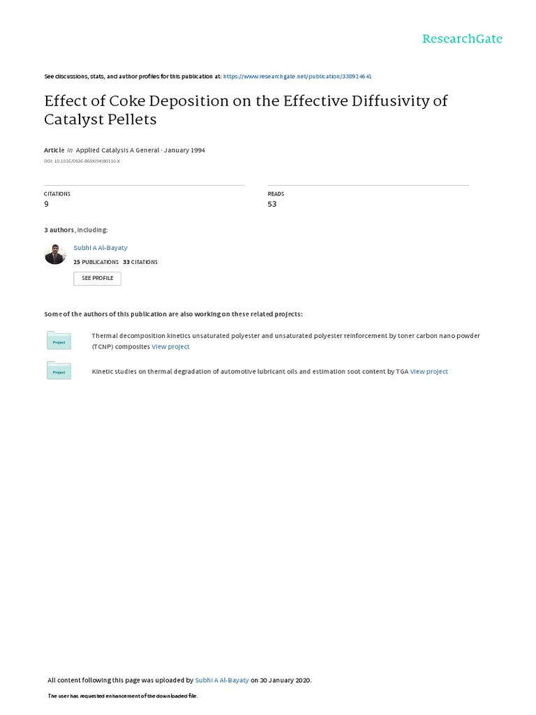 Coke Deposition Effects on Catalyst Diffusivity | PDF | Catalysis | Gases