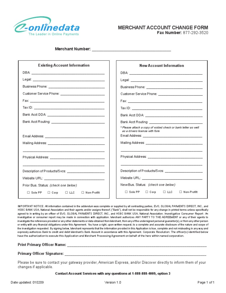 Merchant Account Change Form | PDF | Banks | Business