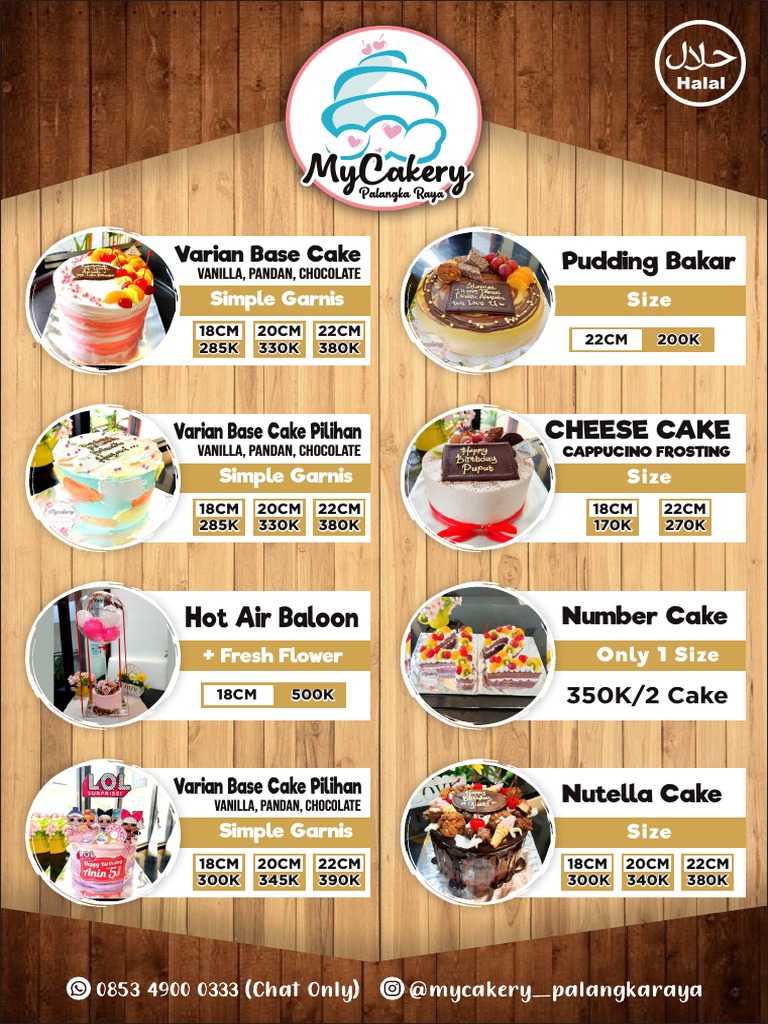 Menu and Price List for Cakes and Pastries from MyCakery in Palangka