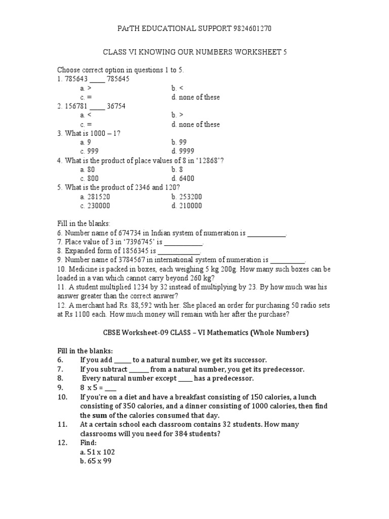 class vi knowing our numbers worksheet 5 pdf
