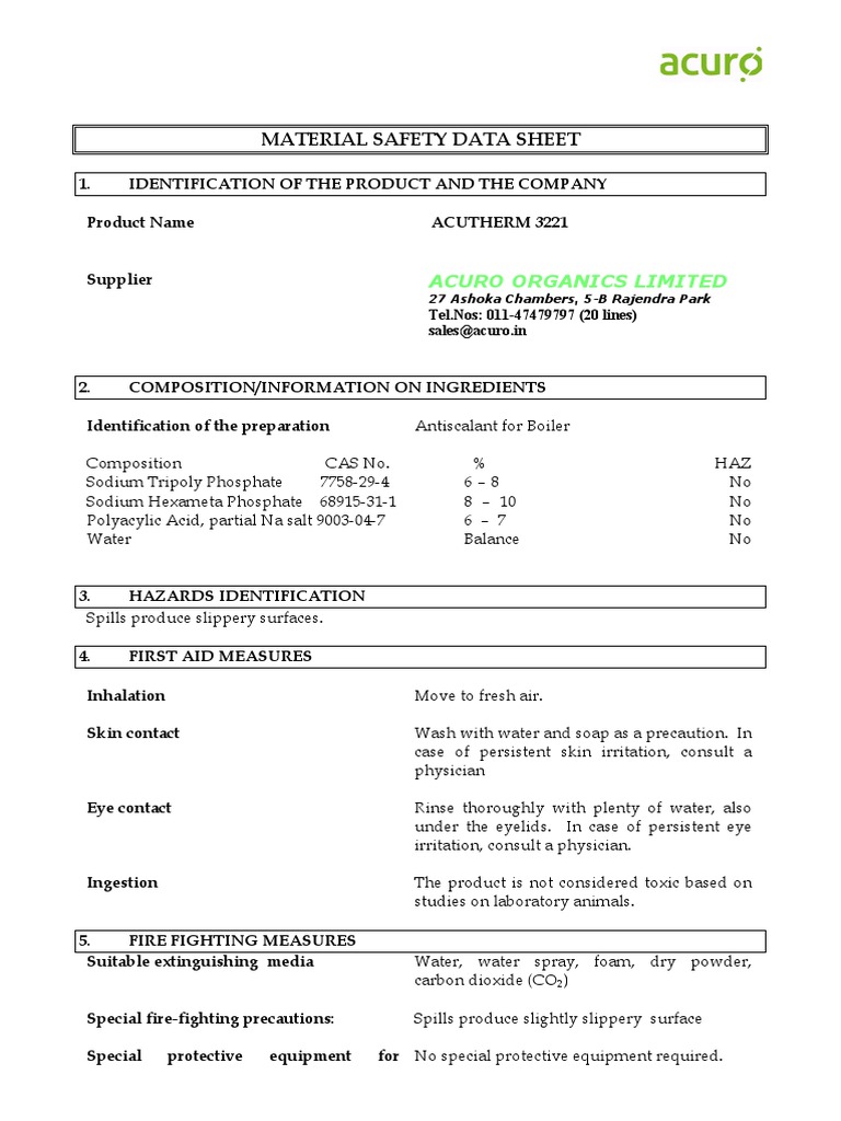MSDS ACUTHERM 3221 Boiler Antiscalant PDF Toxicity Firefighting
