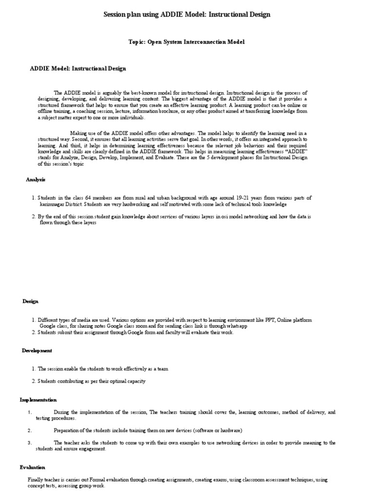 Session Plan Using ADDIE Model: Instructional Design: Topic: Open ...