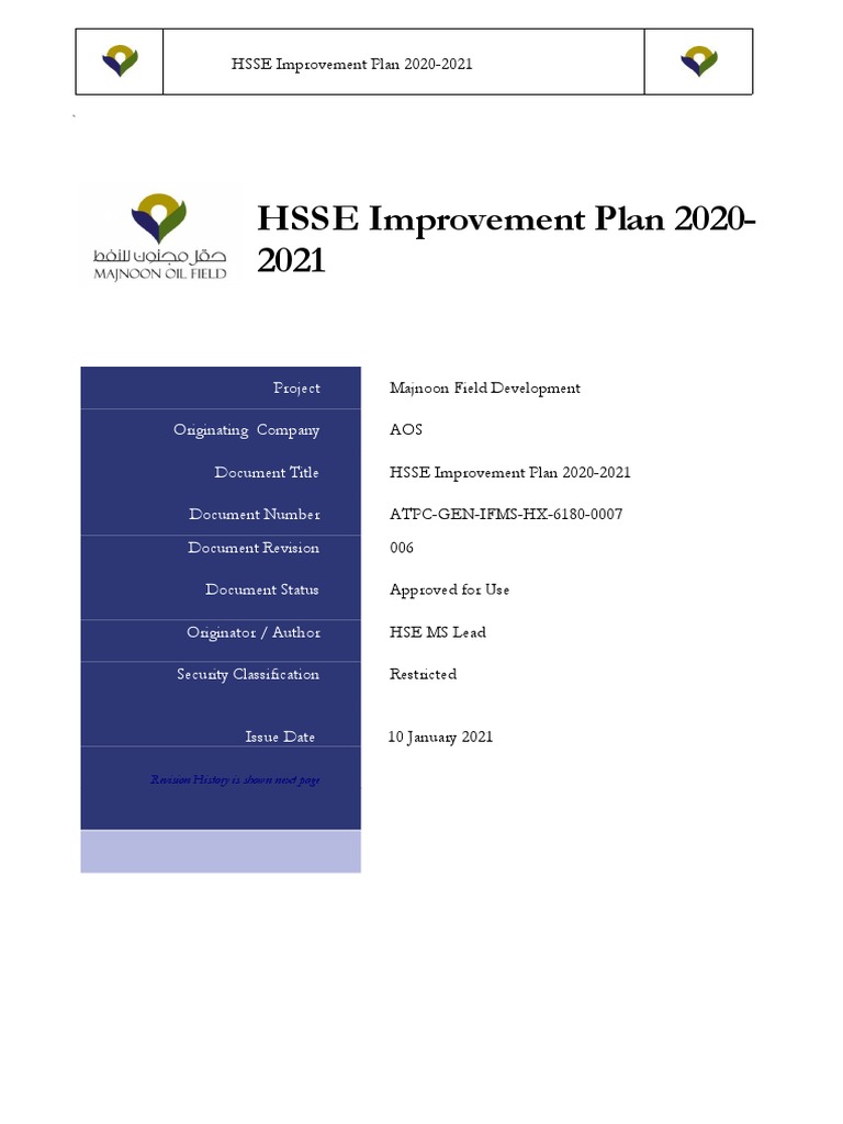 Majnoon Oil Field - HSSE Plan 2020-2021 | PDF | Occupational Safety And ...