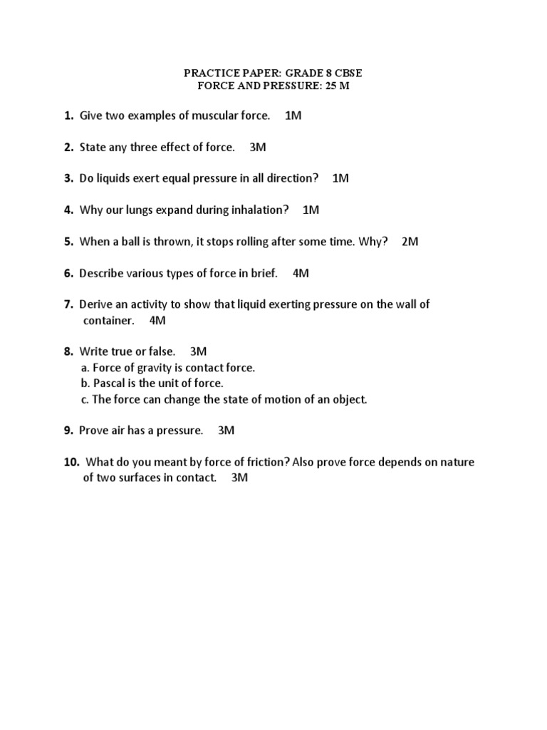 Grade 8 CBSE Force and Pressure Practice | PDF