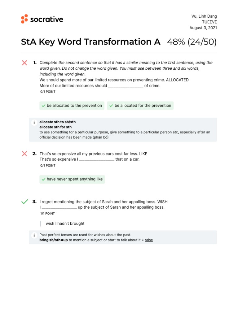 StA Key Word Transformation A | PDF | Verb | Subject (Grammar)